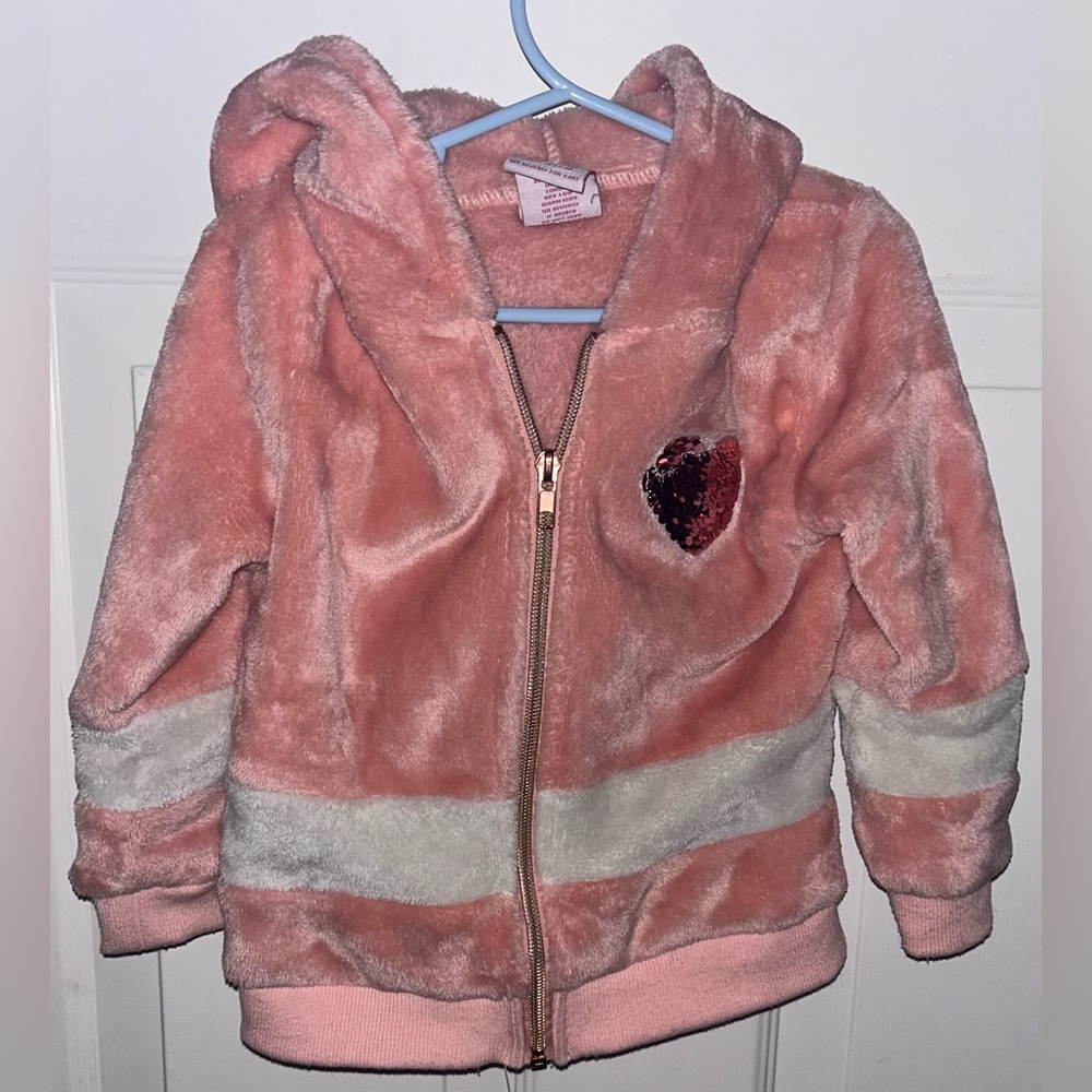 Girls Real Love Pink Fuzzy size 3t Jacket with Sequin Heart